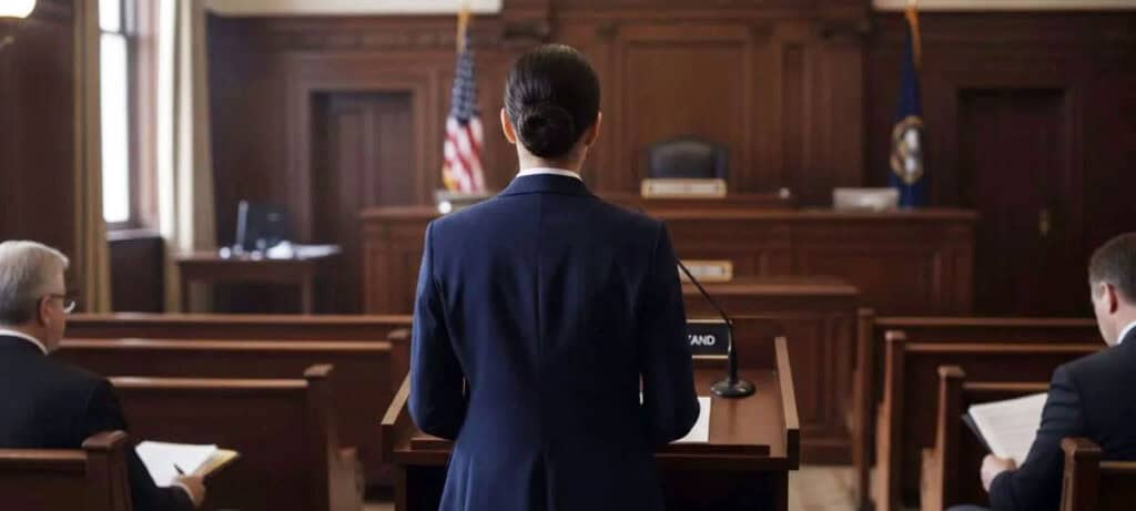A woman speaking at a courtroom podium during a legal proceeding.